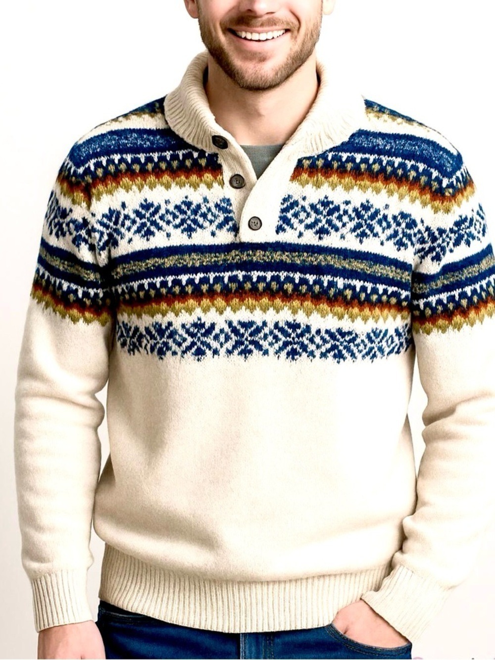 CHAPS by Ralph Lauren cotton fair isle sweater button mock neck cream size large